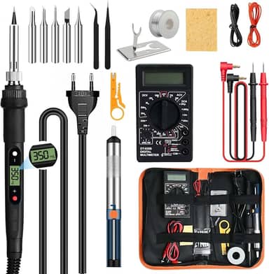 Estação de Solda 110V 80W, Kit de Ferro para Solda Eletrônico com Visor Digital, Multímetro e 5 Pontas, Conjunto 17 Peças Inclui Ferro de Solda e Bomba Dessoldagem, Temperatura Ajustável