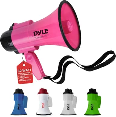 Bullhorn portátil para alto-falante Megafone – Compacto e operado com bateria de 30 watts, microfone, 2 modos, som PA e alça dobrável para líder de torcida e uso policial – Pyle PMP34PK (rosa)