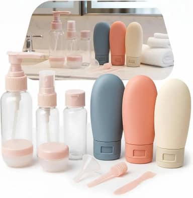 Kit Frascos de Viagem 11 Peças com Necessaire Frascos Silicone Reutilizáveis para Shampoo Condicionador Sabonete Creme Alcool em Gel Maquiagem Cosmeticos Avião Nacional e Internacional