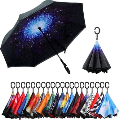 Guarda-chuva invertido de camada dupla NC Saa com alça em forma de C, guarda-chuva reto à prova de vento à prova d'água anti-UV para uso externo chuva de carro (céu estrelado/preto)