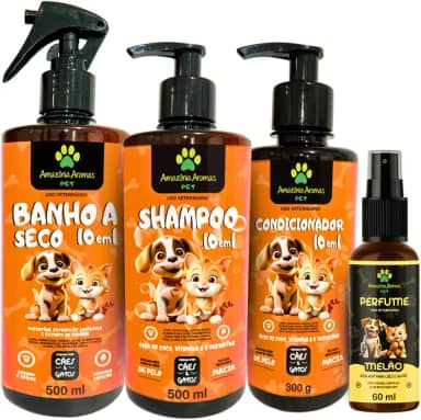 Kit Completo Banho Para Pet 10 em 1 - Shampoo + Condicionador + Banho a Seco + Perfume