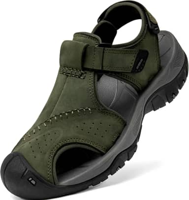 Sandálias esportivas masculinas de couro com bico fechado, trilhas, atividades ao ar livre, praia, trilha, pesca, água, leve, confortável, à prova d'água