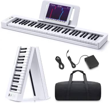 VEDO Teclado de Piano Portátil Dobrável 61 Teclas com Sensibilidade de Toque, Bluetooth Áudio e MIDI, 128 Timbres, 21 Demos, Bateria de Longa Duração, Design Compacto para Iniciantes (Branco)