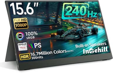 Intehill Monitor portátil de 240 Hz, monitor de jogos portátil IPS LCD 15.6 de grau A+, AMD FreeSync, resposta de 2 ms, monitor FHD 1080p sRGB 100% HDR portátil, corpo de alumínio, USB-C duplo e mini