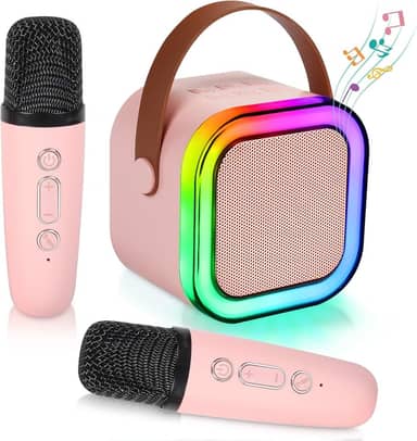 Karaoke Machine for Kids Adults, Karaoke Machine with 2 Wireless Microphone, Portable Bluetooth Karaoke Speaker with Colorful Lights for Girls and Boys 4-10 +Year Old Birthday, (Pink)