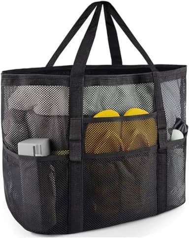 Bolsa de praia de malha extragrande, bolsa dobrável leve com vários bolsos para viagem à praia em família, piscina, viagem, preta