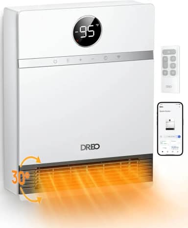 Dreo Smart - Aquecedor de parede IP24 de fácil montagem PTC para uso interno, oscilação de 30°, termostato ajustável, controlo remoto, funciona com Alexa, temporizador de 24 horas, aquecedor