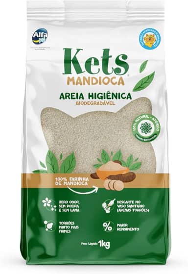 Areia Higiênica Granulado de Mandioca, Pacote com 1kg, Linha Kets, Alfapet.