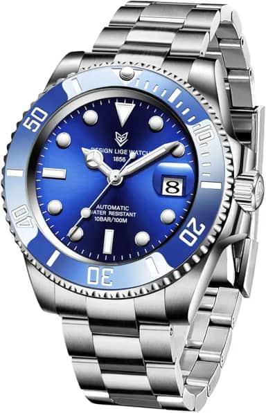 Relógio masculino com relógio mecânico automático de aço inoxidável da LIGE, relógio masculino Mergulhador à prova d 'água 100 m com mostrador de data grande e relógio de pulso luxuoso