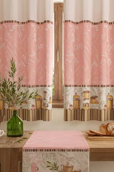 Cortina Cozinha Oxford 2,00x1,40 Estampada Cappuccino Janela Vitrô Ilhós Blackout Blecaute Decorativa Poliéster Varão (Cappuccino Rosa)