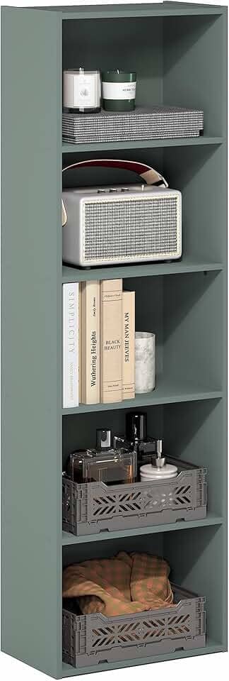 Furinno Prateleira de livros LUDER, estante de livros de 5 camadas, estante, 24 x 40 x 132 cm, para sala de estar, quarto, escritório em casa, verde sálvia