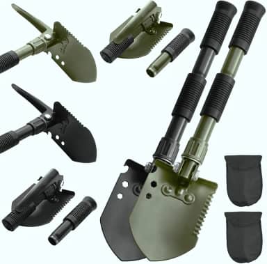 Pacote com 2 pás de acampamento dobráveis pretas e verdes, pá de sobrevivência multiferramentas de aço carbono para atividades ao ar livre, emergência, caminhadas, carro off-road