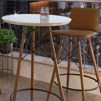 Mesa Alta Bistrô Tampo de Vidro Temperado Redonda Retrô Área Gourmet Varanda Churrasqueira Cozinha Pequena Apartamento com Pés Madeira Maciça Industrial (Offwhite)