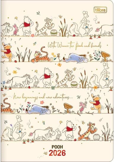 Tilibra - Planner Grampeado 17,8 x 25,4 cm Pooh 90 G 2026 - Bege - Personagens Caminhando