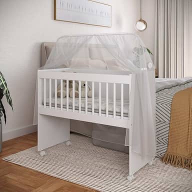 Mini Berço Com Rodas Colchão E Suporte Mosquiteiro Moisés Multifuncional Mini Chiqueirinho Variável Mesinha Versátil (Moisés Branco)