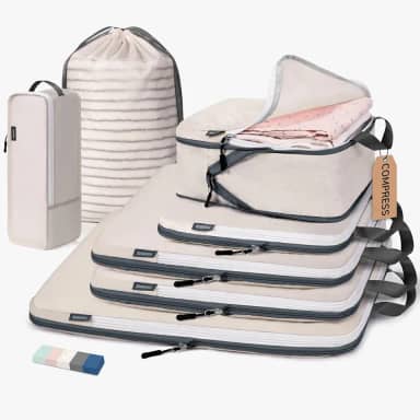 CherryNow Cubos de compressão, 7 conjuntos de sacos de viagem para viagem, itens essenciais de viagem para mochila, cubos de embalagem para compressão de viagem, bege