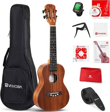 Ukulele de concerto para crianças iniciantes Vangoa 23 polegadas KOA kit de ukulele de acácia para iniciantes com alça para Gig Bag Afinador de corda de carbono palhetas de tecido Capo Ukulele