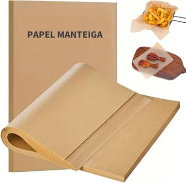 100 Folhas de Papel Manteiga Culinário, 40x30cm, Dupla Face com Silicone Antiaderente, Sem Óleo Excessivo, Ideal para Assar, Churrasco, Air Fryer e Culinária Perfeita