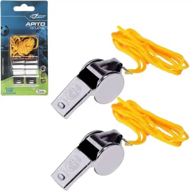 Apito Esportivo de Metal com Cordão, Kit com 2 Unidades, Prata e Amarelo, Som Potente, para Árbitros e Treinadores