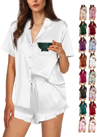 Conjunto de pijama feminino de cetim sedoso PP-4GG com babados