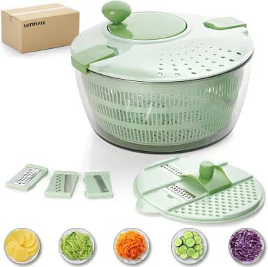 Secador de Salada Grande 4L 3em1, Centrífuga e Cortador com Tampa, 5 Lâminas para Fatiar e Ralar, Rápido e Prático, Lavar e Secar Legumes Frutas Folhas, Design Desmontável