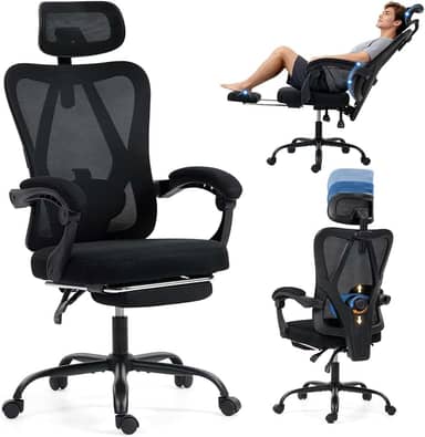 Cadeira de escritório com apoio para os pés, Cadeira de escritorio ergonomica, cadeira giratória 360°, com encosto de cabeça e apoio lombar ajustáveis, Encosto ajustável a 135°