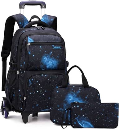 ACAGALA Mochila Rolante Infantil para Meninos e Meninas, com Rodas, Carrinho, Escolar, com Lancheira, Bolsa de Lápis (Céu Estrelado Preto e Azul)