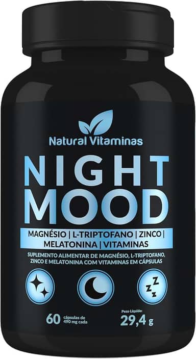Melatonina, Triptofano, Magnésio, Zinco e Complexo B. Night Mood - 1 Pote com 60 Cápsulas de 490mg