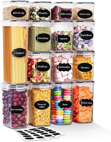 Kit de 15 Potes Herméticos para Mantimentos – Conjunto de 15 Unidades com Vedação de Silicone | Acrílico Transparente BPA‑Free | Empilháveis – Organização de Cozinha e Despensa.