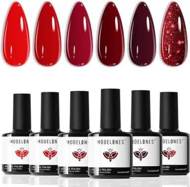 Modelones Conjunto de esmalte em gel - 6 cores clássicas vermelhas gel de imersão em gel vermelho com glitter para arte de unhas, manicure, faça você mesmo, esmalte, salão, LED, unhas de gel, dia dos namorados, ano novo, presentes para mulheres