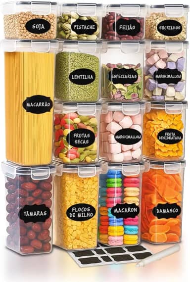 Kit Com 15 Potes Herméticos para Mantimentos, Plástico PP Transparente com Tampa Easy Lock, para Organização de Cozinha e Casa, Certificado CE e FDA