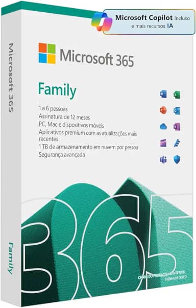 Microsoft 365 Family (12 meses) até 6 usuários. PC/Mac/Iphone/tablet. 1TB na nuvem por usuário