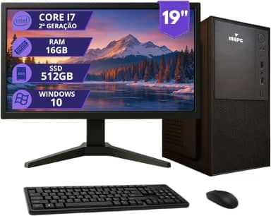 MRPC Computador Completo com Intel Core i7 2ª Geração, 16GB RAM DDR3, SSD 512GB, Monitor 19 Polegadas HD, Windows 10, Teclado e Mouse, Para Home Office e Estudo