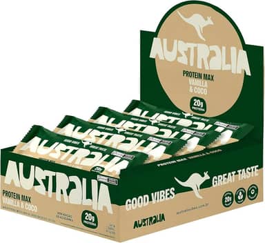 Australia Protein Max Vanilla & Coconut 70g, Barra de Proteína, Sem Glúten, Lactose e Açúcar Adicionado, Snack Saudável Plant-Based (12 unidades)
