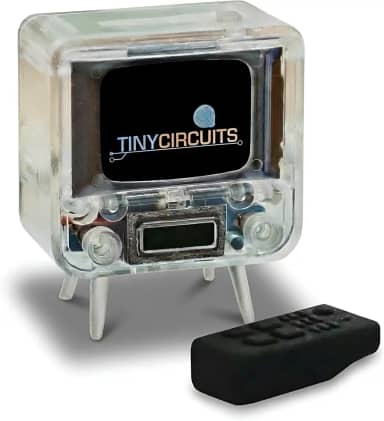 TinyCircuits Mini TV retrô portátil TinyTV 2 – tela IPS de 1,14 polegadas, vídeos pré-carregados e carregáveis, recarregável por USB-C, controles de botão + controle remoto pequeno (transparente)