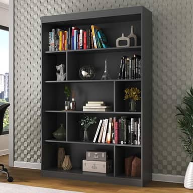 Estante para Livros 4 Prateleiras 9 Nichos Home Office Espresso Móveis Grafite