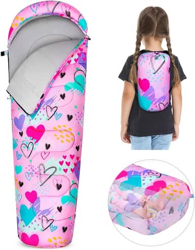 FIOBEE Saco de dormir infantil para meninas, meninos, 3 estações, clima quente e frio, sacos de dormir com bolsa de mochila à prova d'água para viagens, caminhadas, acampamento, ambientes internos e