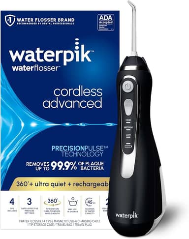 Waterpik Fio dental Advanced 2.0 sem fio para dentes, gengivas, aparelhos, cuidados dentários com bolsa de viagem e 4 pontas, aceito pela ADA, recarregável, portátil e impermeável, preto WP-582,