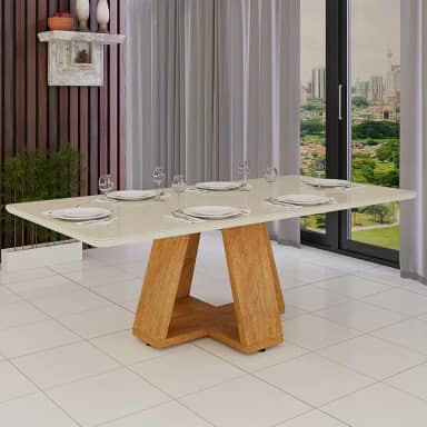 Mesa Sala De Jantar Perola Mdf Luxo 6 Lugares Com Vidro Temperado