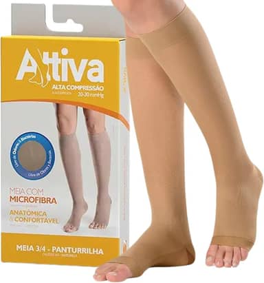 Meia de Compressão Feminina Meia 3/4 Panturrilha Alta Compressão 20-30 Sem Ponteira Cor Natural ATTIVA