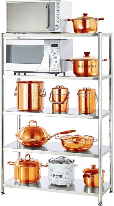susunnus Prateleira de aço inoxidável de 5 camadas, prateleiras resistentes para cozinha, garagem, armazenamento industrial, prateleiras de cozinha com pés ajustáveis, fácil de limpar (5 a 90 cm x 40