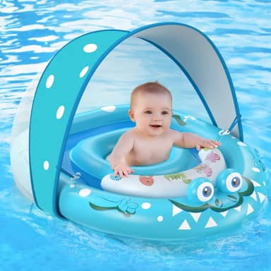 URMYWO Boia de piscina para bebês com proteção solar removível FPS 50+, boias para piscina de 6 a 12 a 24 meses, boia de natação durável com assento ajustável, extra larga, respirável