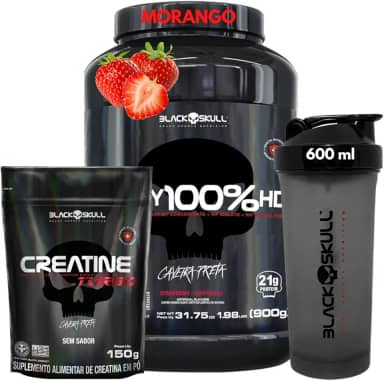 Whey Protein 100% HD Pure 900g Isolado - Hidrolisado - Concentrado Pote + Creatina Monohidratada 150g + Coqueteleira - Kit Black Skull Para Ganho de Massa e Força (Whey 100% Morango Pote + Creatina 150g)