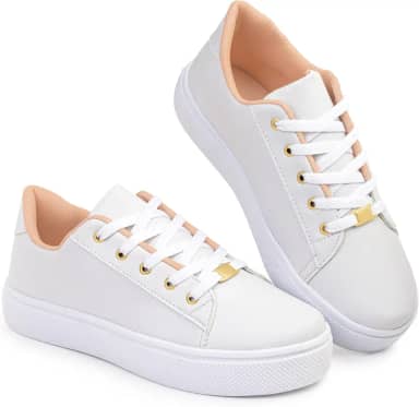 Tênis Feminino Casual Clássico, Branco, Preto, Rosê, Leve, Macio e Confortável