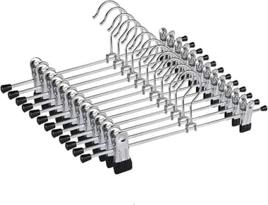 Kit 12 Cabides de Metal com Presilhas Ajustáveis Antiferrugem – Gancho Giratório 360°, Revestimento Emborrachado, Ideal para Roupas Delicadas, Calças e Saias