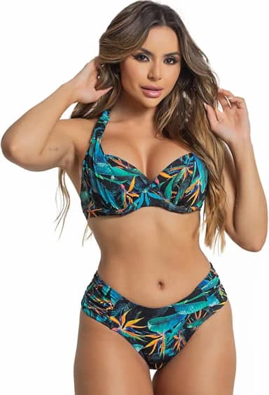 Biquíni Estampado com Bojo Meia-Taça e Calcinha Drapeada Disfarça Barriga