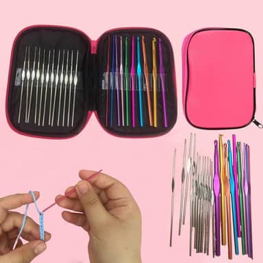 Conjunto de 23 agulhas de crochê ergonômicas, alças de alumínio, pontas de aço, acessórios de crochê com estojo de armazenamento (rosa)