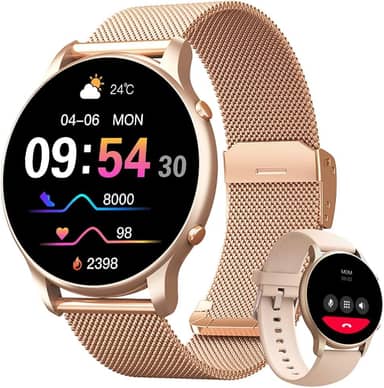 Smartwatch Feminino 1.32" Full Touch, IP68 à Prova d'Água, Ligações Bluetooth, 100+ Modos Esportivos, Notificações Inteligentes, Assistente de Voz, Compatível com iOS/Android, Inclui 2 Pulseiras, Ouro