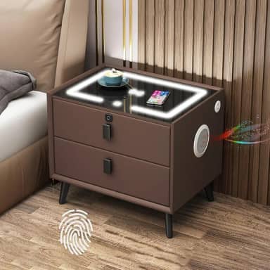Mesa De Cabeceira Inteligente Com Luzes Led De 3 Cores E Estação De Carregamento Sem Fio, Mesa Lateral Moderna Com 3 Gavetas, Portas Usb, Tomadas E Alto-falantes Inteligentes, Brown, 2 drawers