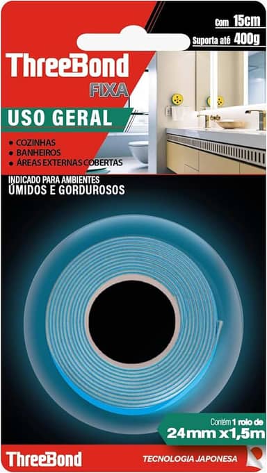 Fita Dupla Face Cozinha Banheiro ThreeBond |Tamanho 24mm x 1,5M | Suporta 400g em 15cm | Ambiente Úmido e Gorduroso